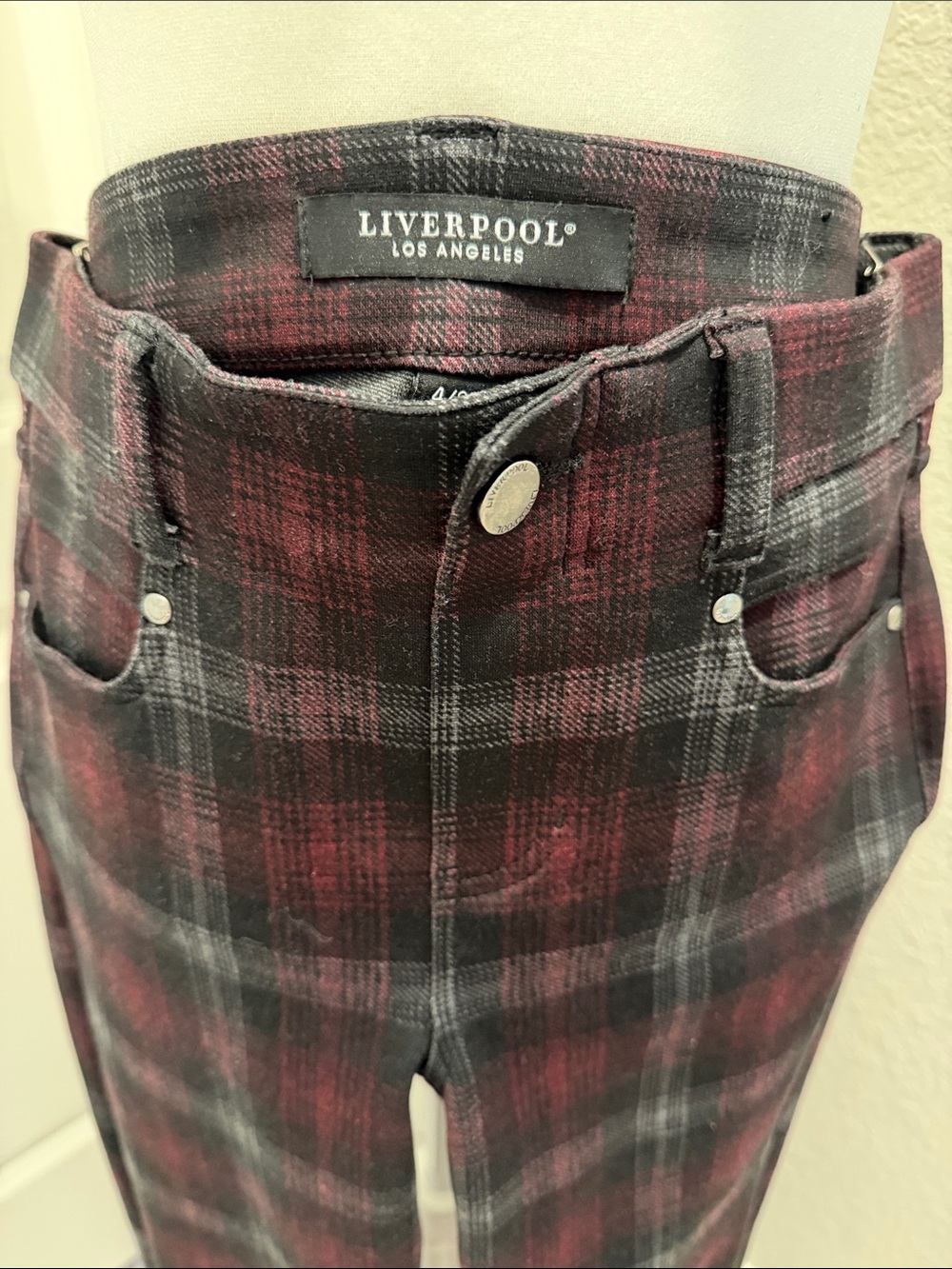 Liverpool Women's Burgundy Plaid pull-up jeans